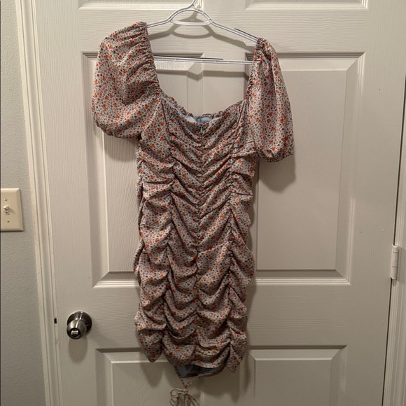 Floral Ruched Puff-Sleeve Mini Dress - Light Blue with Orange & Green Floral - Picture 3 of 3